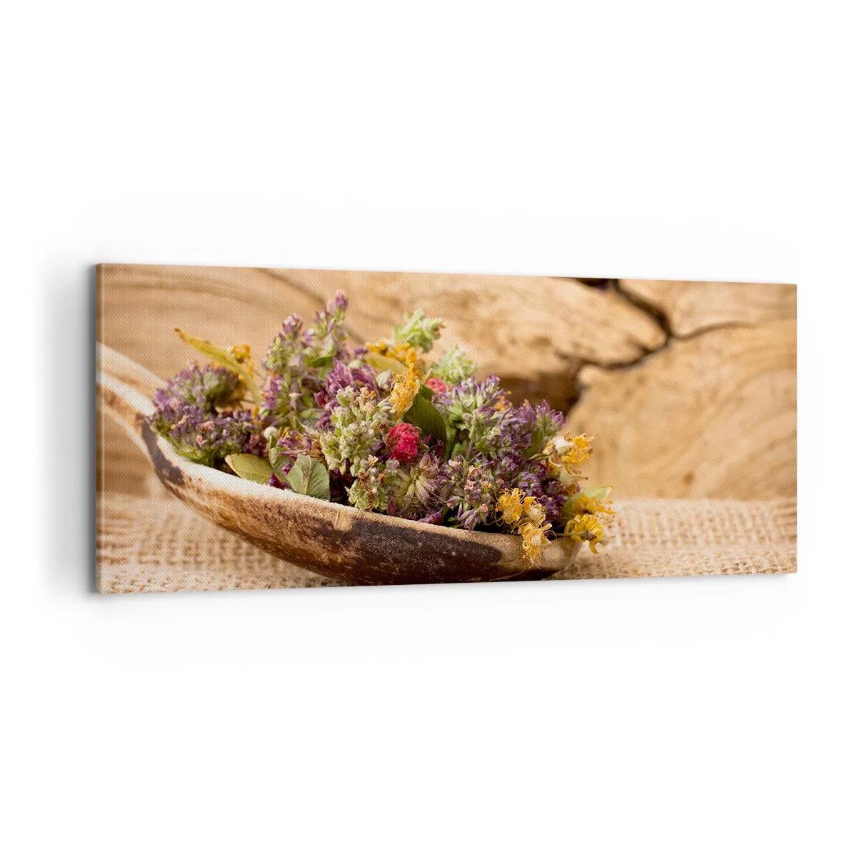 Lærredstryk - Billede på lærred - Farverige blomster og velduftende urter - 100x40 cm