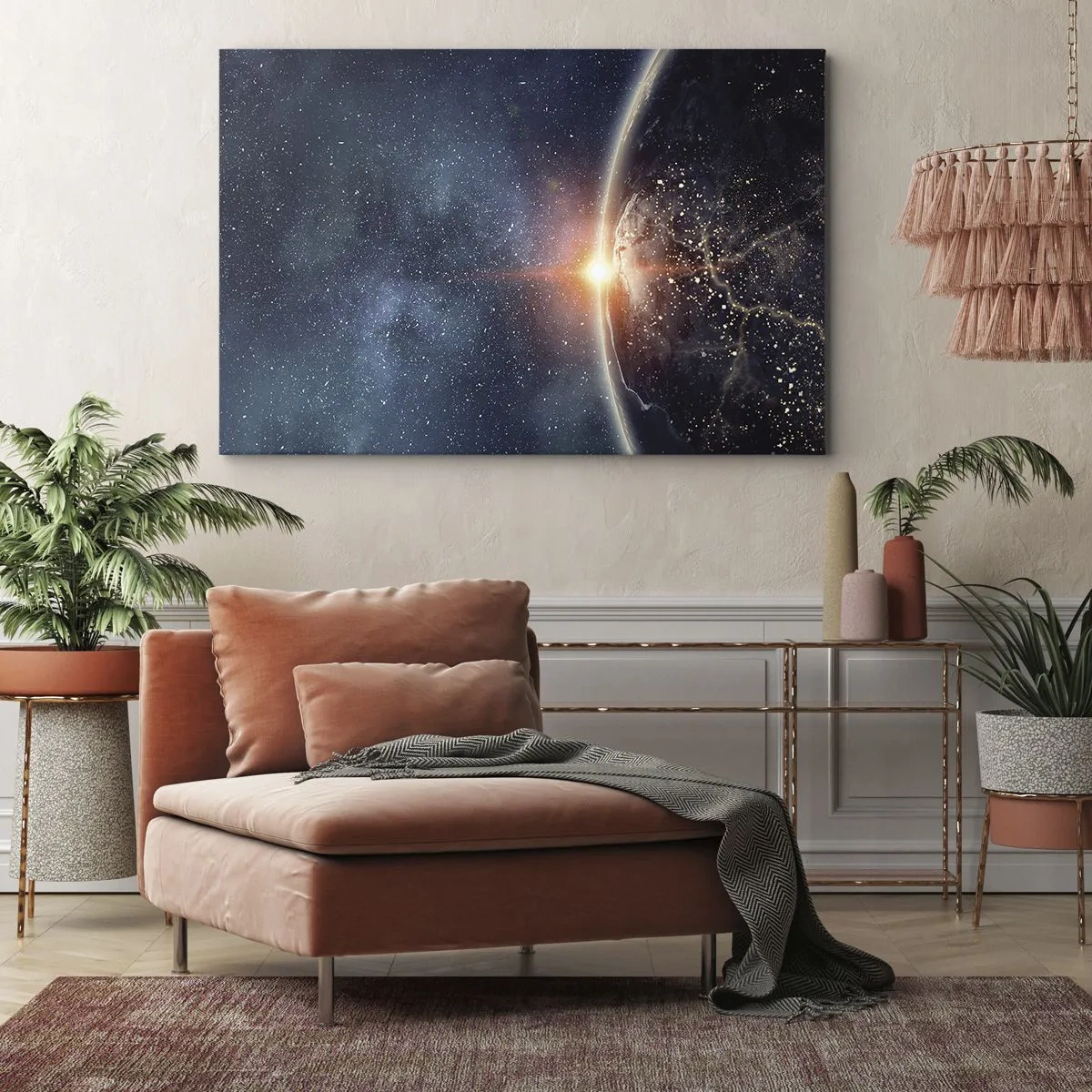 Lærredstryk - Billede på lærred - Jorden set fra rummet med den opgående sol - 70x50cm - I det nye perspektiv - Moderne vægdekoration til stue og soveværelse ARTTOR