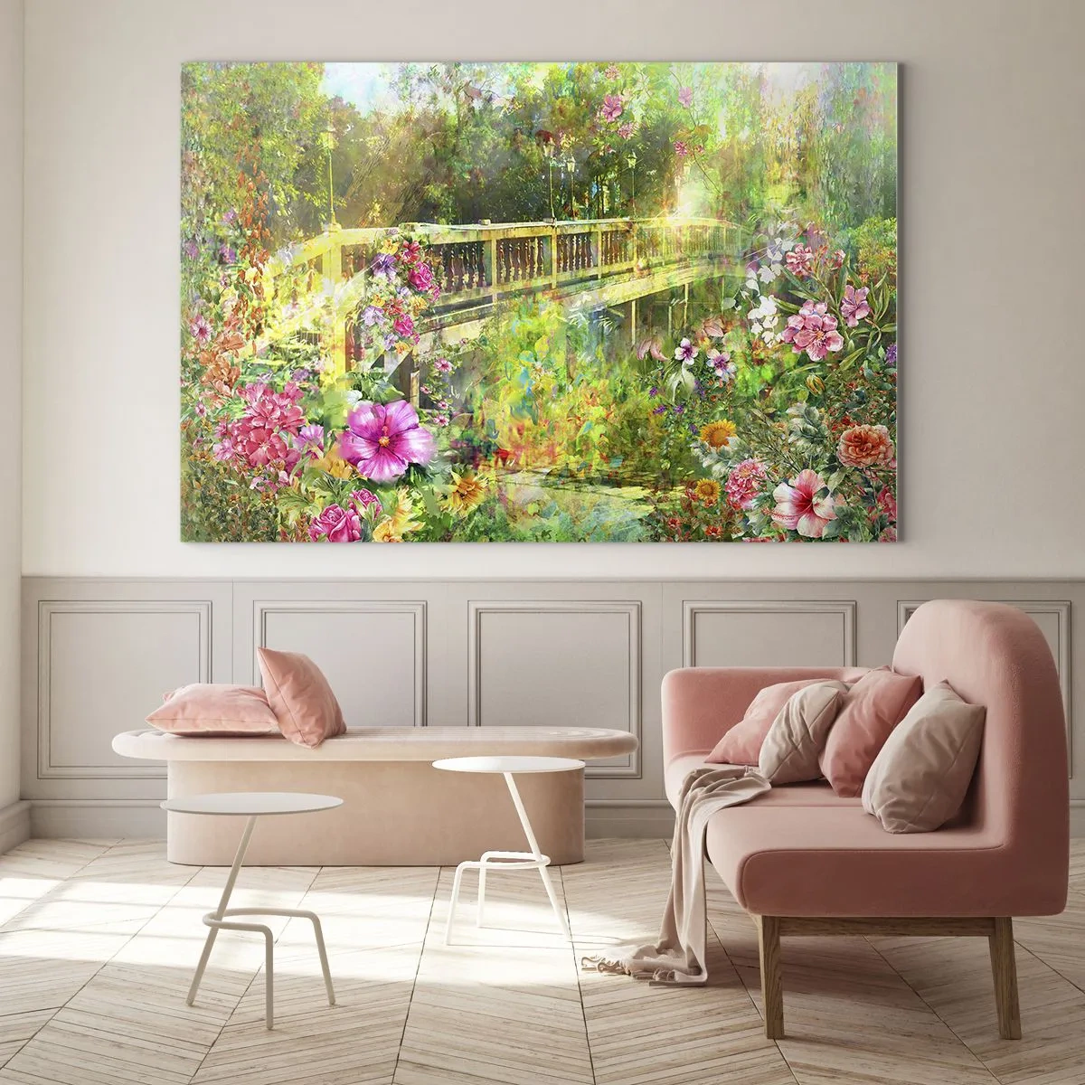 Billede på glas - En bro omgivet af frodig vegetation og farverige blomster - 70x50cm - Bro af forårets suk - Moderne vægdekoration til stue og soveværelse ARTTOR