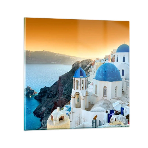 Billede på glas - Santorini - omfavnet af klipperne - 40x40 cm