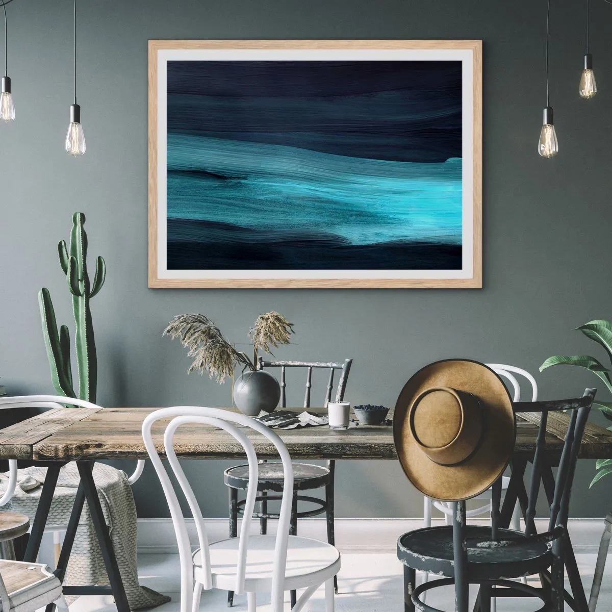 Plakat i ramme af lyst egetræ - Svøm med strømmen - 100x70 cm