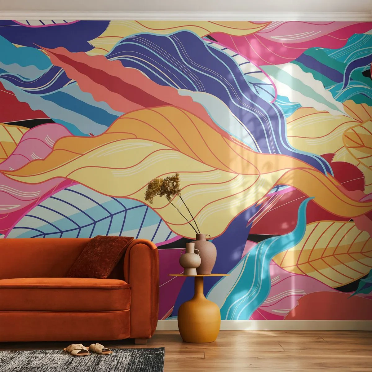 Fototapet Premium Canvas - Et farverigt rod - Abstraktion, Farverige blade, Stykke - 350x256 cm