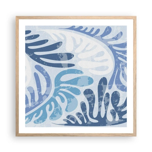 Plakat i ramme af lyst egetræ - Blå bregner - 60x60 cm