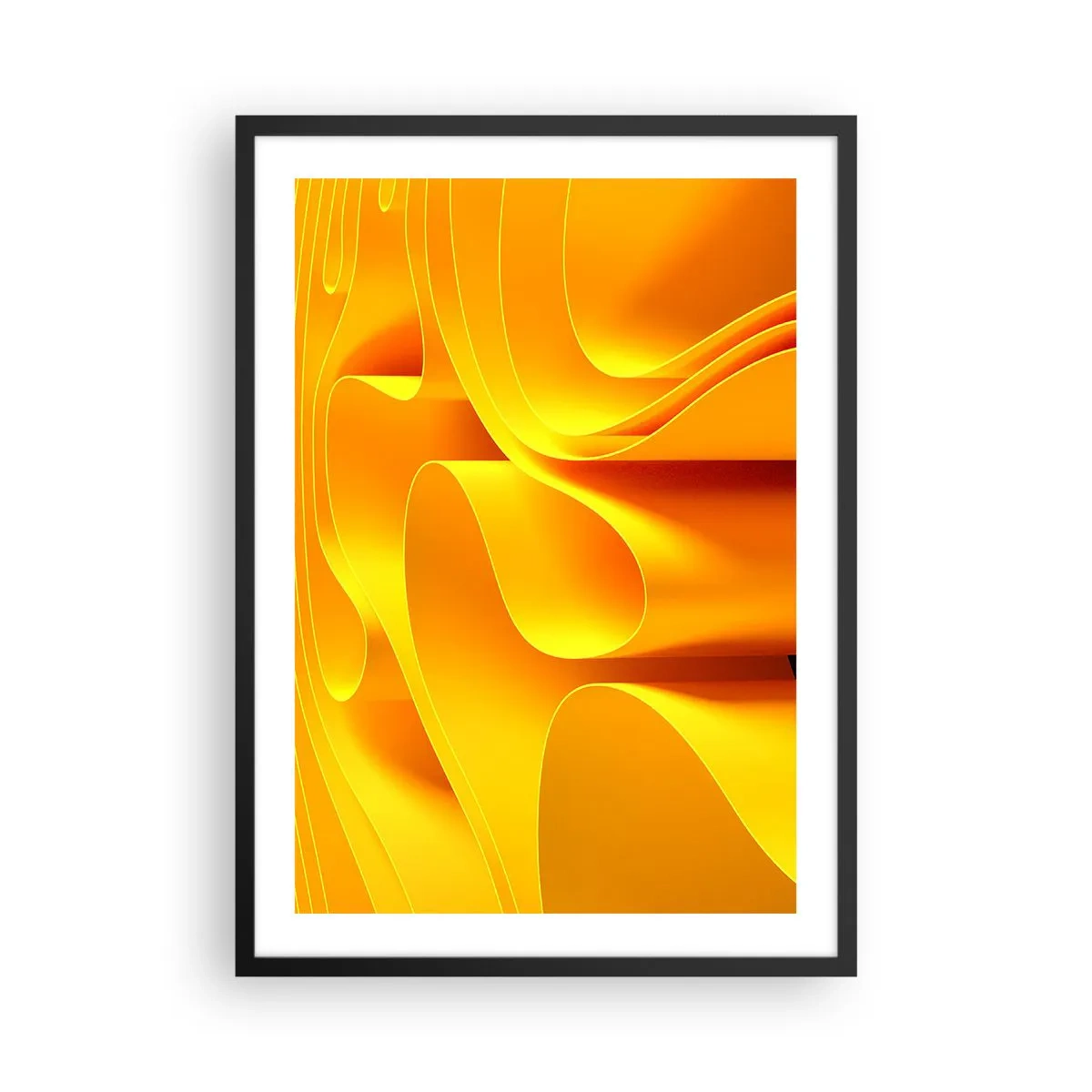 Plakat i sort ramme - En abstrakt komposition i nuancer af guld og orange - 50x70cm - Som solens bølger - Moderne vægdekoration til stue og soveværelse ARTTOR