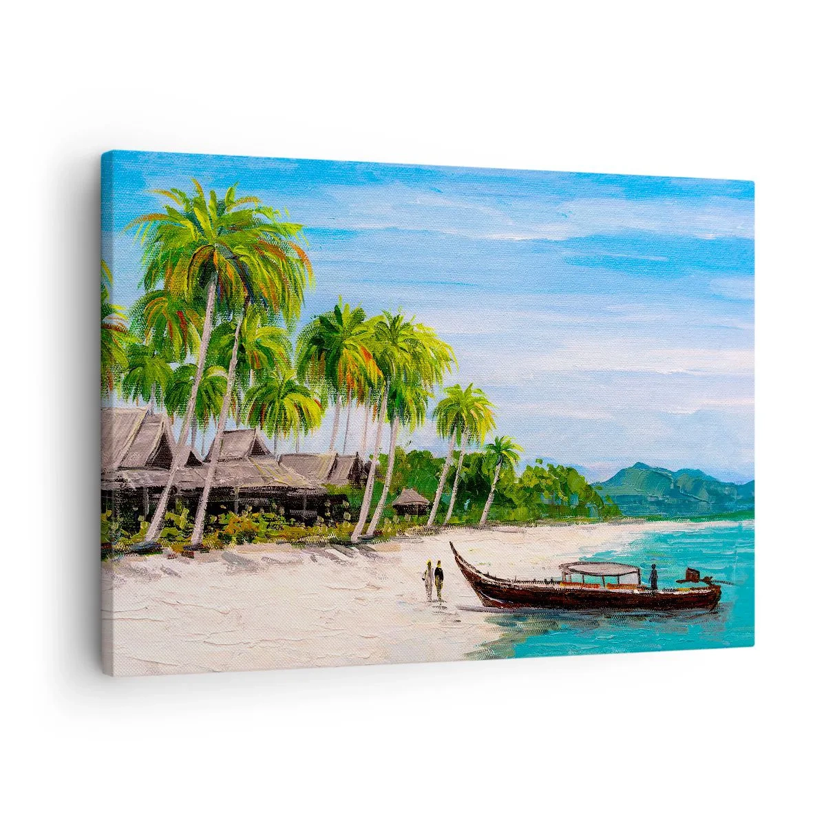 Lærredstryk - Billede på lærred - En eksotisk strand med palmer og en båd ved kysten - 70x50cm - En eksotisk drøm - Moderne vægdekoration til stue og soveværelse ARTTOR