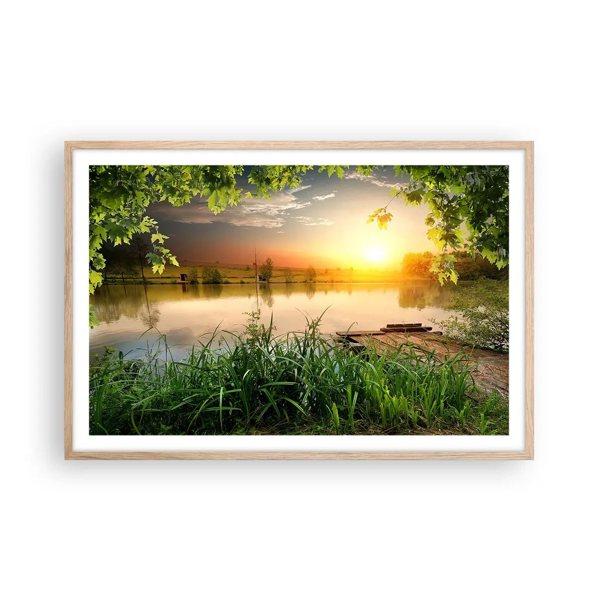 Plakat i ramme af lyst egetræ - Landskab i en grøn ramme - 91x61 cm