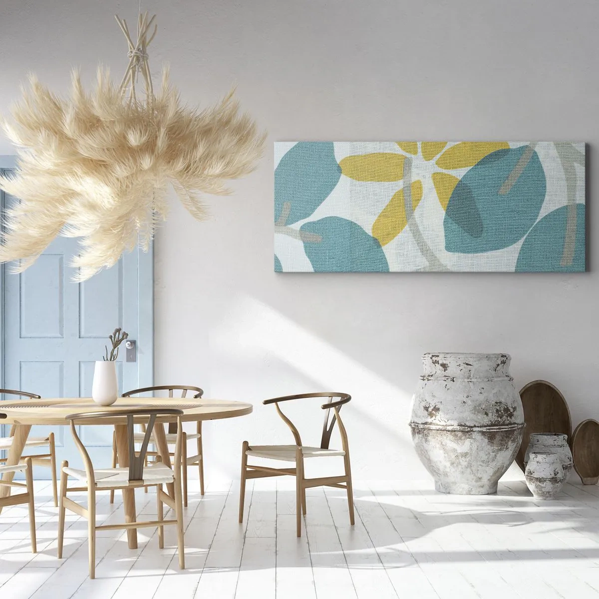 Lærredstryk - Billede på lærred - Blandt azurblå blade - 140x50 cm