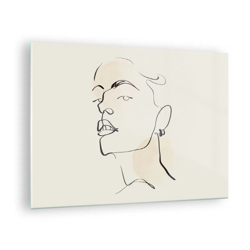 Billede på glas - Portræt af en kvinde i minimalistiske linjer på en lys baggrund - 70x50cm - Et stolt blik - Moderne vægdekoration til stue og soveværelse ARTTOR