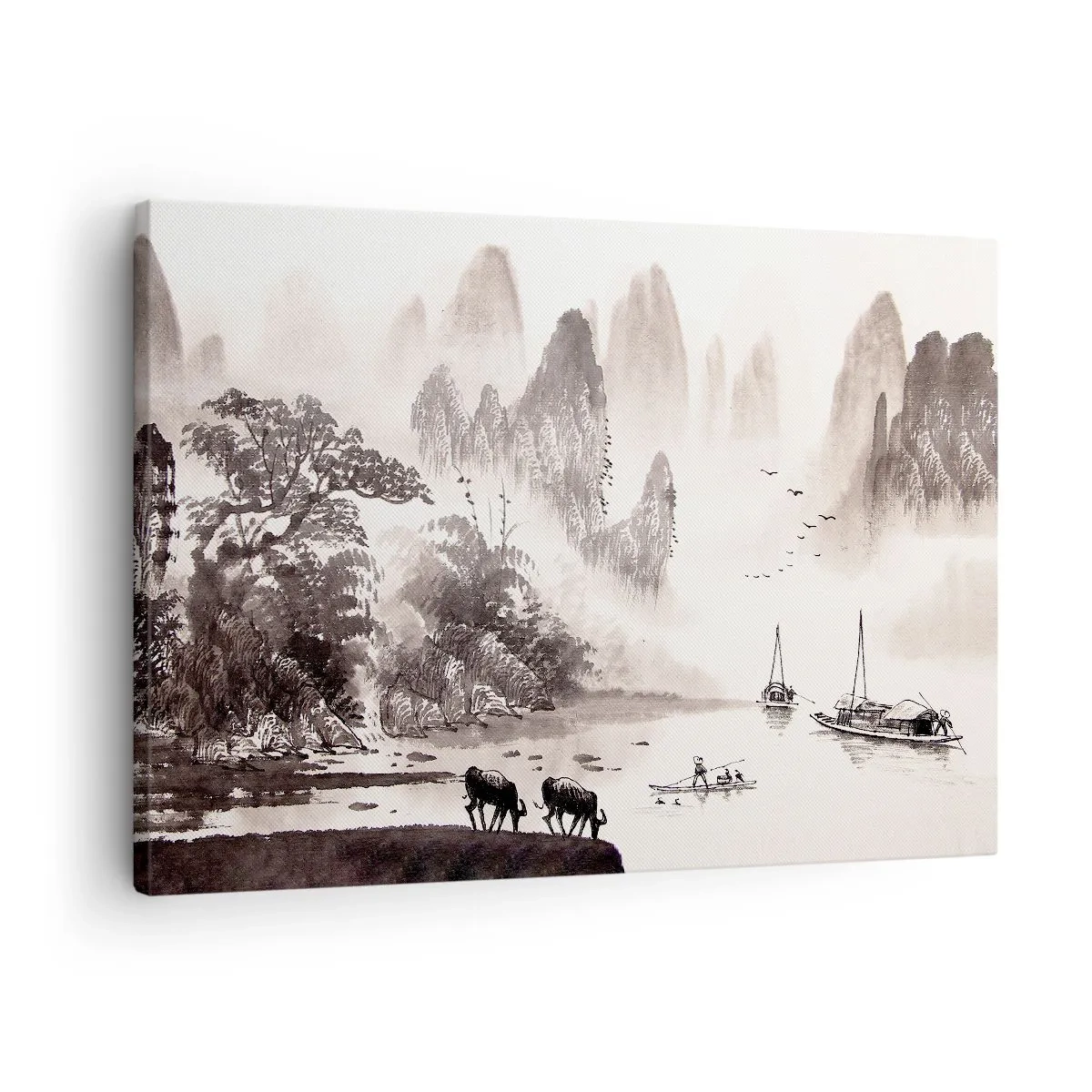 Lærredstryk - Billede på lærred - Et malerisk landskab i asiatisk stil med tågede bjerge - 70x50cm - Østens eksotiske hverdag - Moderne vægdekoration til stue og soveværelse ARTTOR