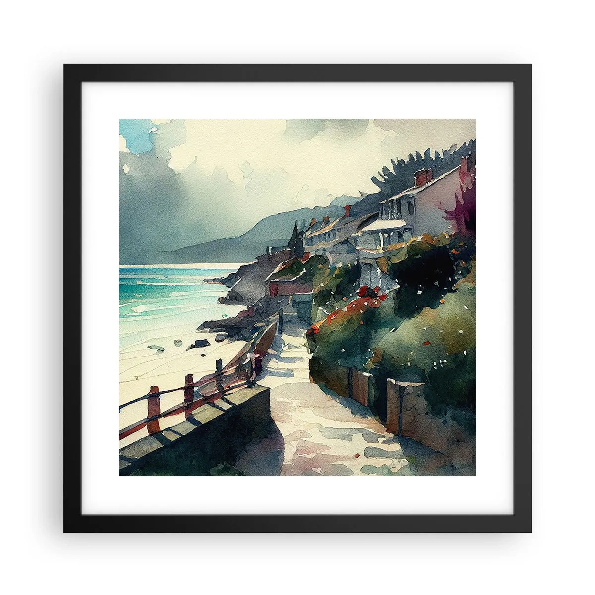 Plakat i sort ramme - Middelhavsby - 40x40 cm