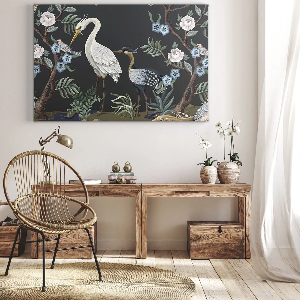 Lærredstryk - Billede på lærred - Malede fugle og planter på en mørk baggrund med et elegant mønster - 70x50cm - Fugleparade - Moderne vægdekoration til stue og soveværelse ARTTOR