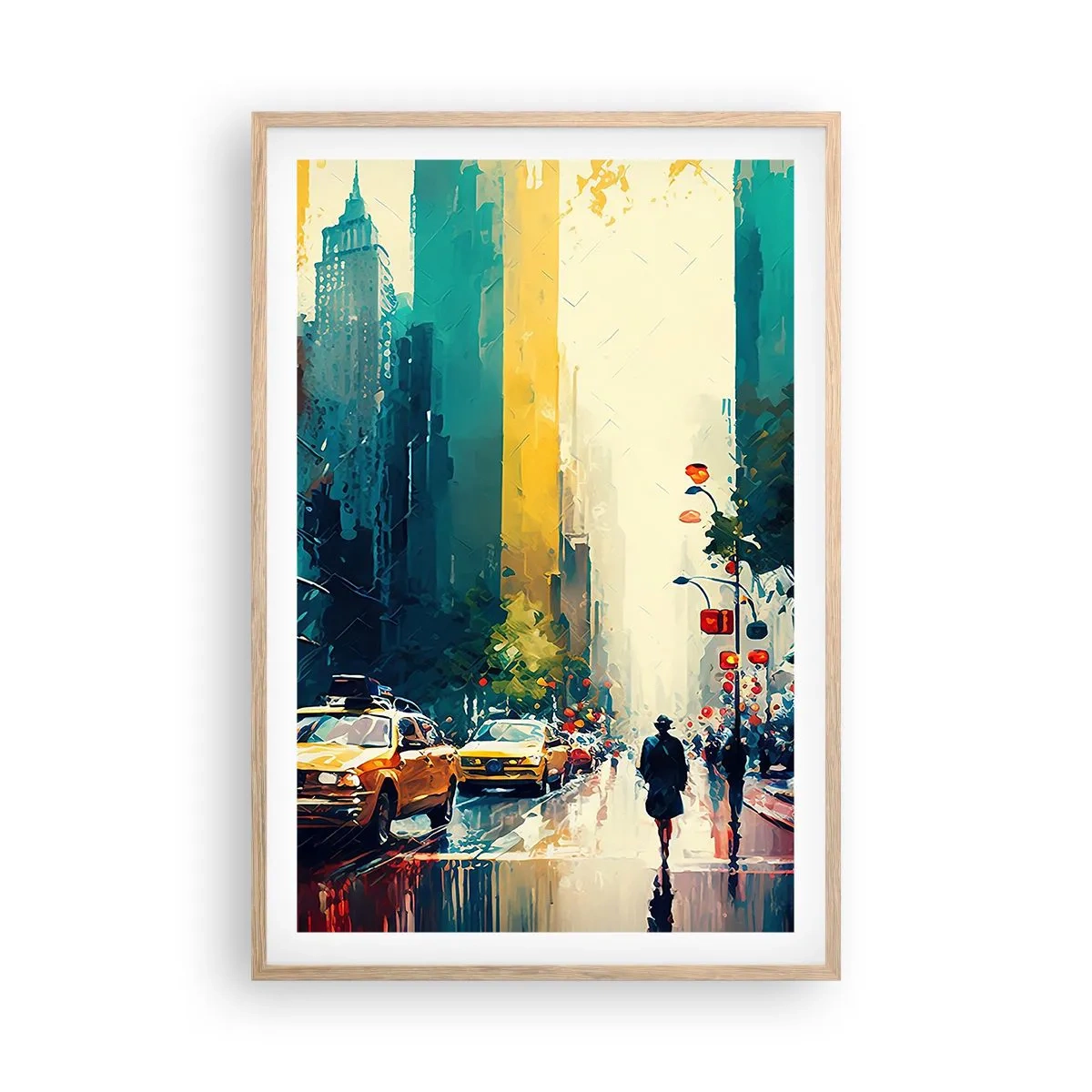 Plakat i ramme af lyst egetræ - New York - her er selv regnen farverig - 61x91 cm
