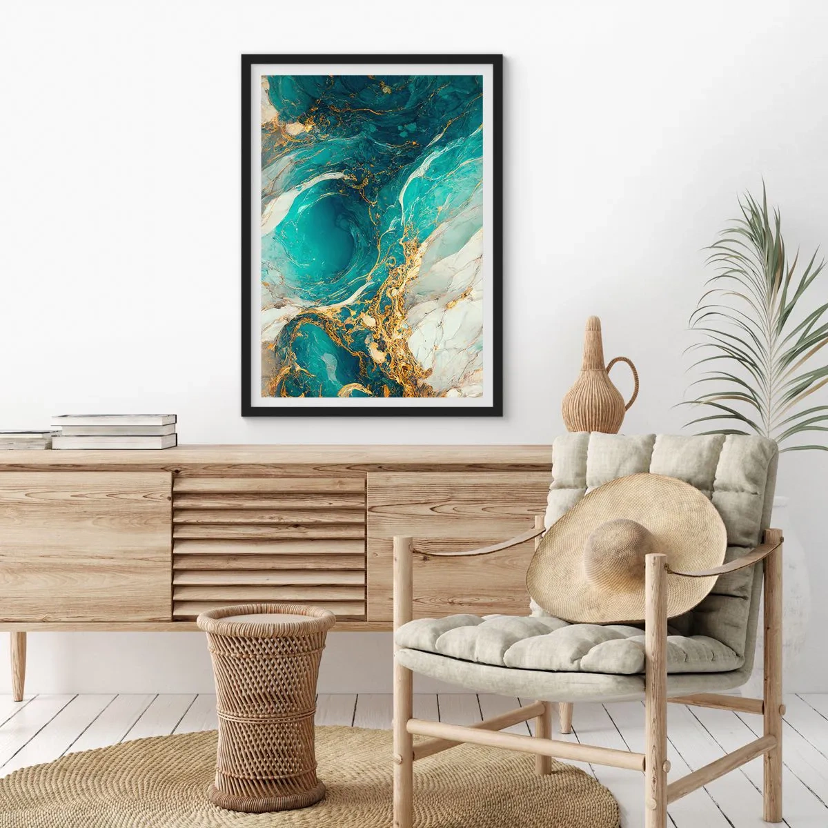Plakat i sort ramme - Turkis abstraktion med guld accenter - 50x70cm - Komposition med årer af guld - Moderne vægdekoration til stue og soveværelse ARTTOR
