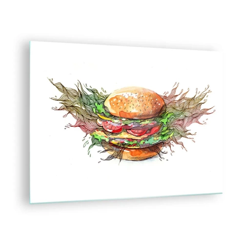 Billede på glas - Kunstnerisk tegning af en burger med akvareldetaljer - 70x50cm - Varm fristelse - Moderne vægdekoration til stue og soveværelse ARTTOR