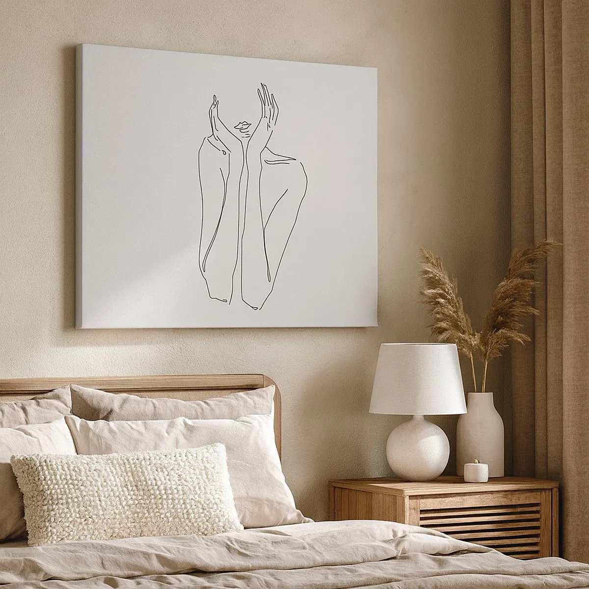 Lærredstryk - Billede på lærred - Minimalistisk stregtegning af ansigt og hænder - 70x50cm - Hvad piger drømmer om - Moderne vægdekoration til stue og soveværelse ARTTOR