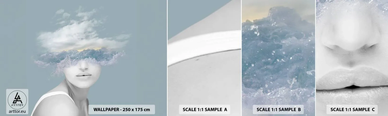 Fototapet Prøve Standard Eco - Med hovedet i skyerne - Lyse, Portræt, Skyer - 100x30 cm