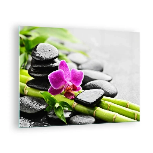 Billede på glas - Orkidé, sorte sten og bambus i et roligt arrangement - 70x50cm - I en fredelig balance - Moderne vægdekoration til stue og soveværelse ARTTOR
