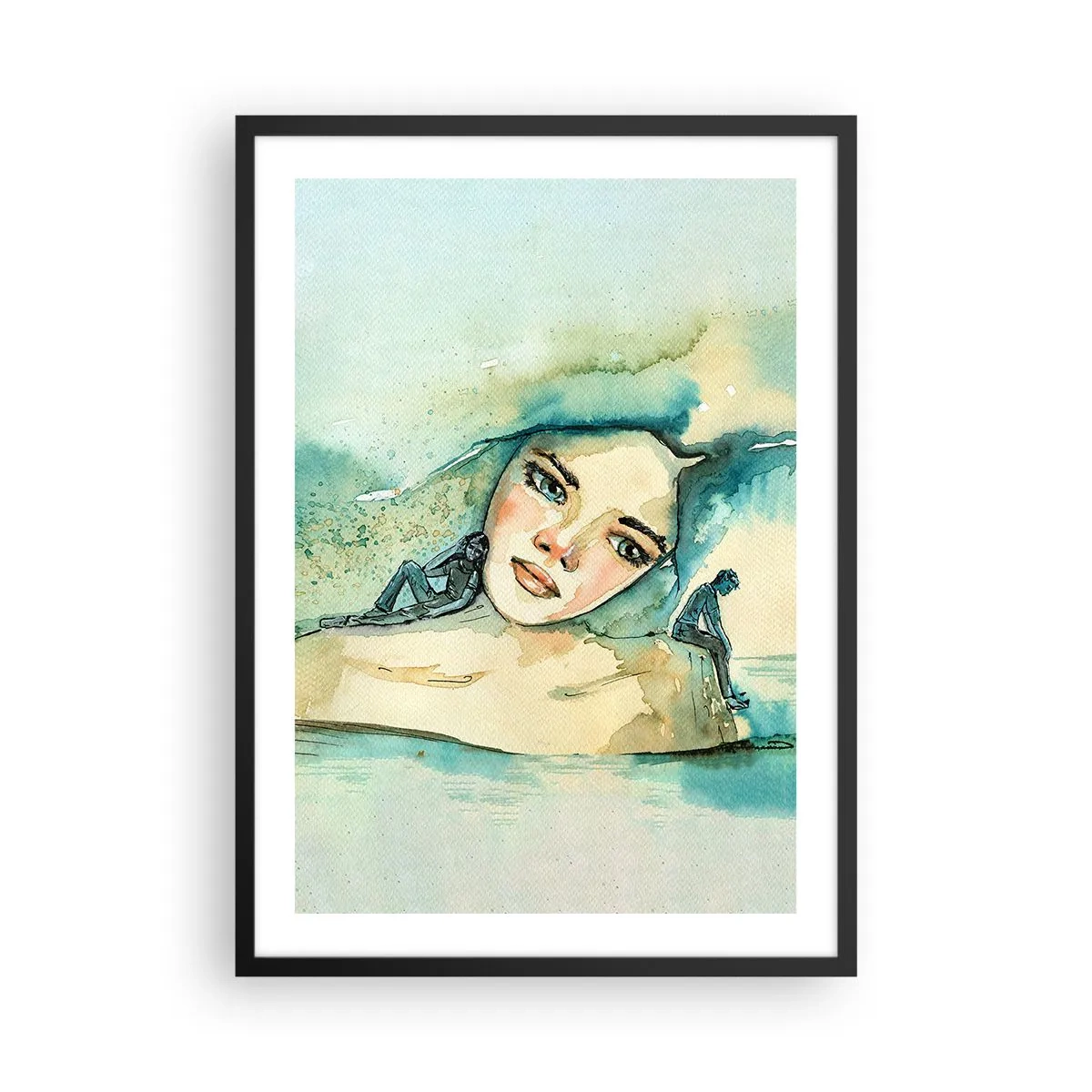 Plakat i sort ramme - Portræt af en kvinde i kunstnerisk akvarelstil - 50x70cm - Am I blue? - Moderne vægdekoration til stue og soveværelse ARTTOR