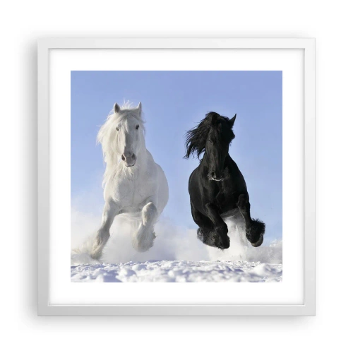 Plakat i hvid ramme - Sort og hvid galop - 40x40 cm