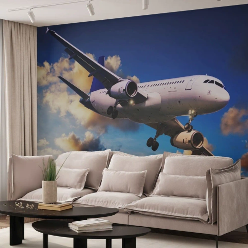 Fototapet Standard Eco - En rejse i hvidt og blåt - Fly, Rejse, Himmel med skyer - 450x315 cm