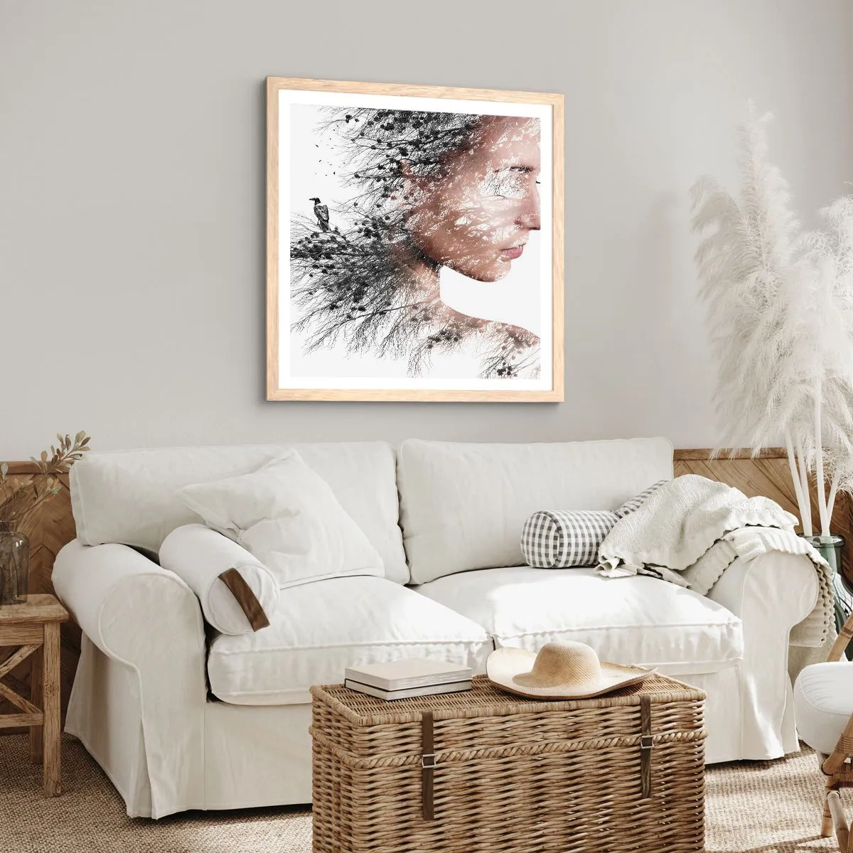 Plakat i ramme af lyst egetræ - Skovens ånd - 50x50 cm