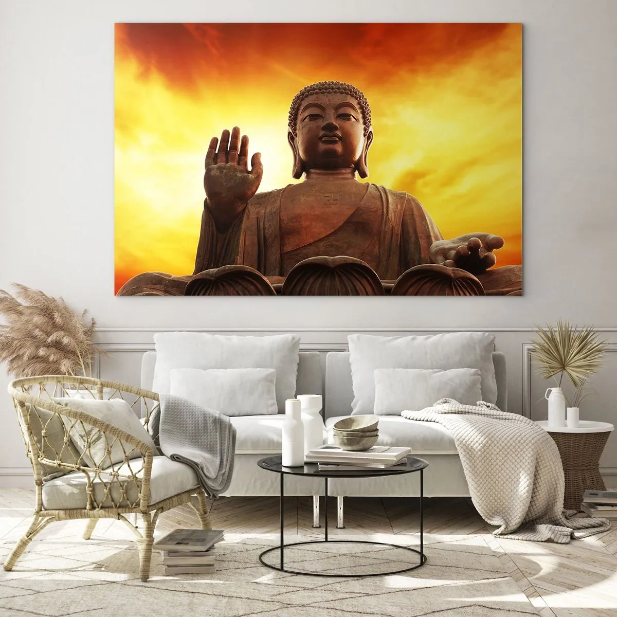 Billede på glas - En Buddha-statue mod en gylden solnedgangs baggrund - 70x50cm - Fred i verden - Moderne vægdekoration til stue og soveværelse ARTTOR