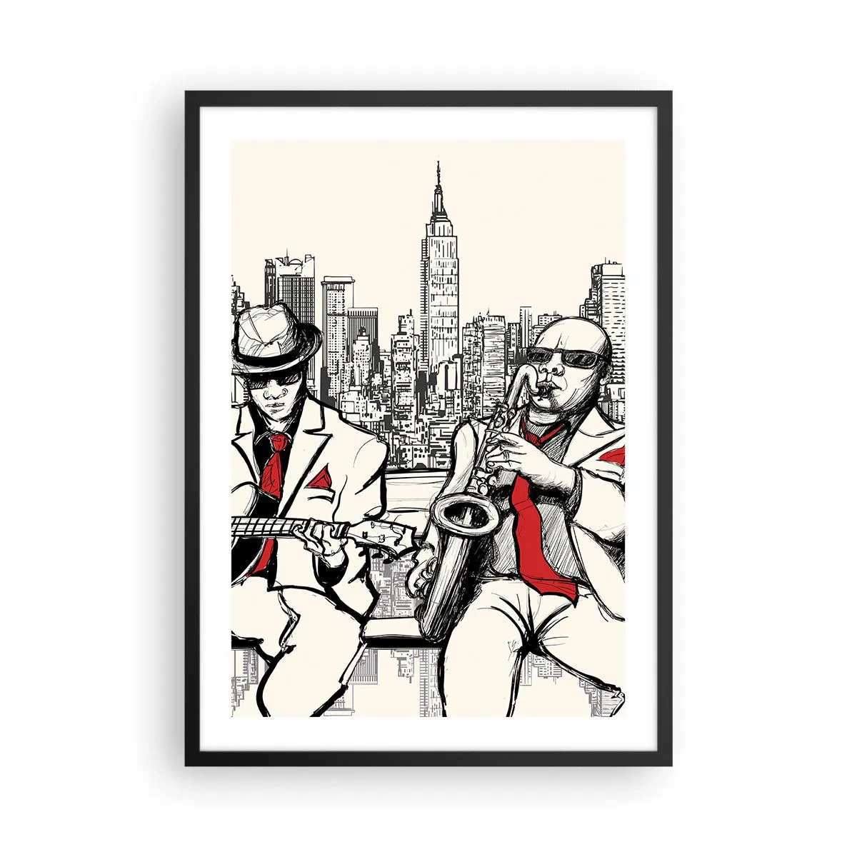 Plakat i sort ramme - To jazzmusikere mod byens skyline som baggrund - 50x70cm - New York improvisation - Moderne vægdekoration til stue og soveværelse ARTTOR