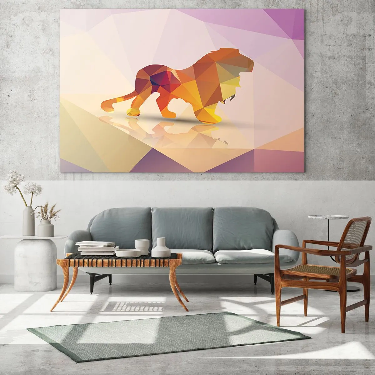 Billede på glas - Geometrisk løve i farverig abstraktion - 70x50cm - Diamantkongen - Moderne vægdekoration til stue og soveværelse ARTTOR