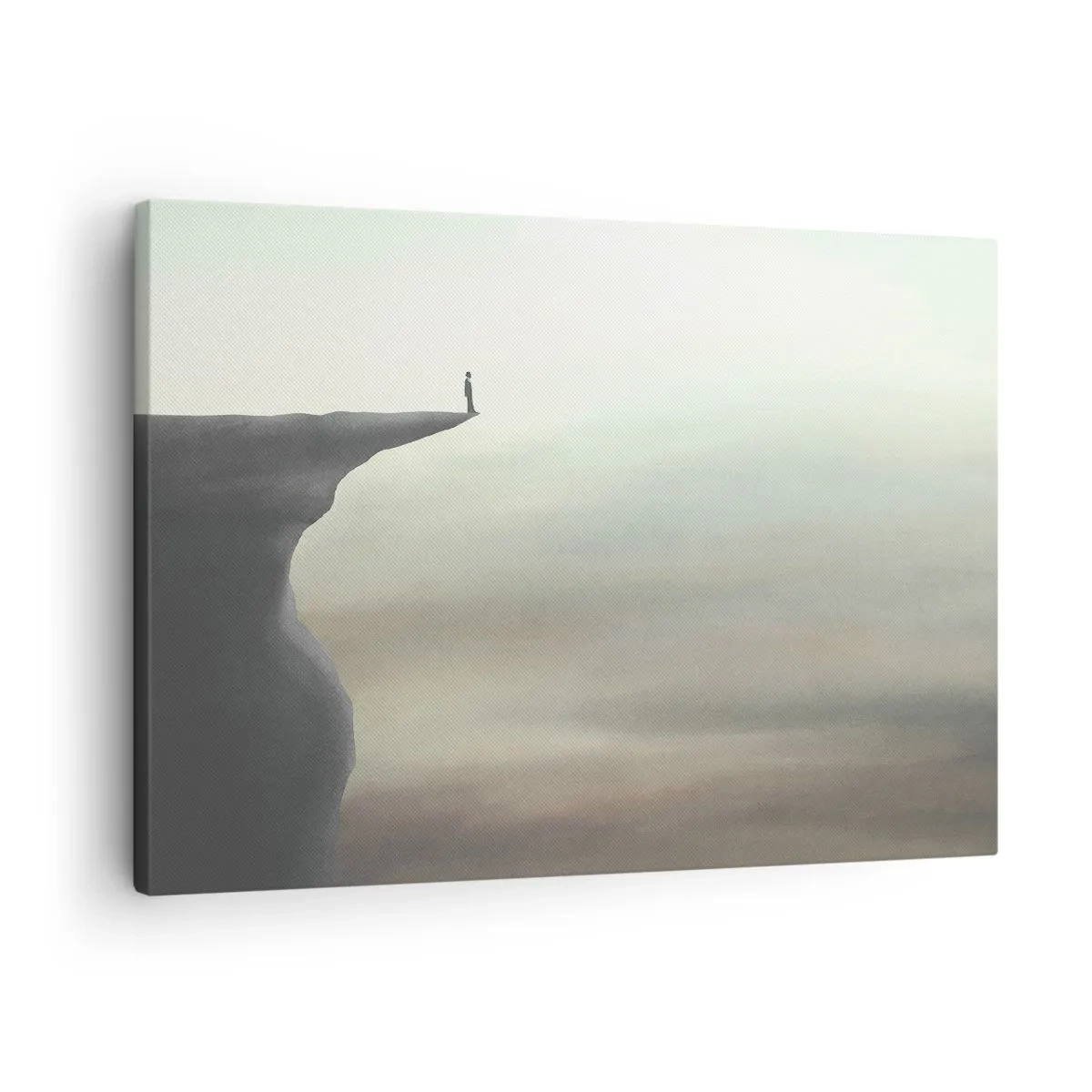 Lærredstryk - Billede på lærred - Silhuet af en figur på kanten af en klippe i et tåget landskab - 70x50cm - Opad, selvfølgelig! - Moderne vægdekoration til stue og soveværelse ARTTOR