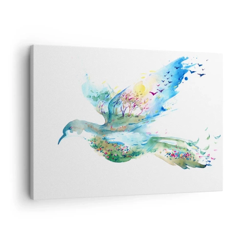 Lærredstryk - Billede på lærred - Akvarelkomposition af en fugl med elementer af naturen - 70x50cm - På naturens vinger - Moderne vægdekoration til stue og soveværelse ARTTOR