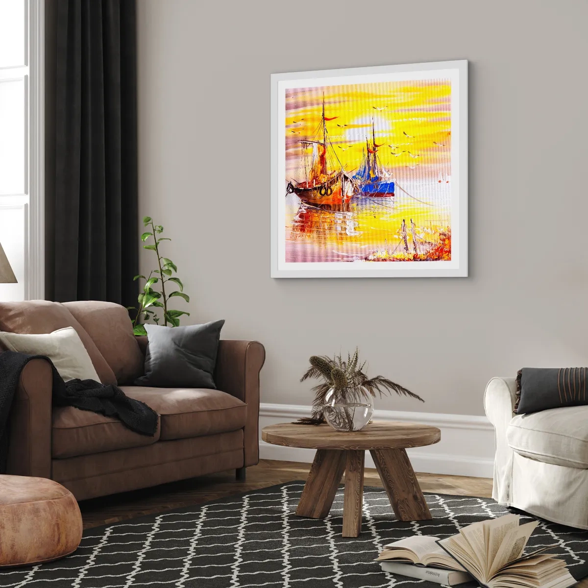 Plakat i hvid ramme - Et velfortjent hvil i havnen - 60x60 cm