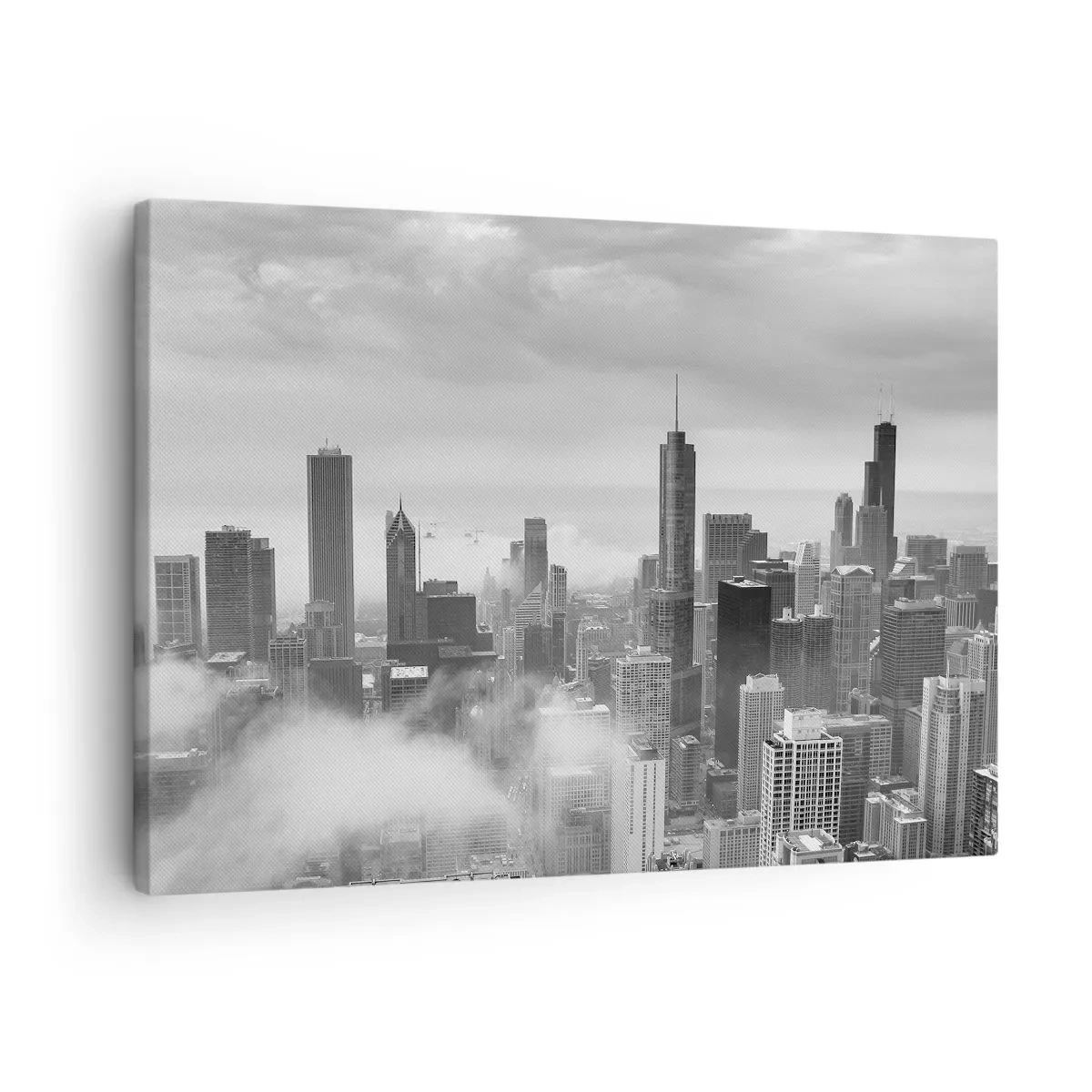 Lærredstryk - Billede på lærred - Bypanorama med skyskrabere i skyerne i sort-hvid - 70x50cm - Amerikansk landskab - Moderne vægdekoration til stue og soveværelse ARTTOR