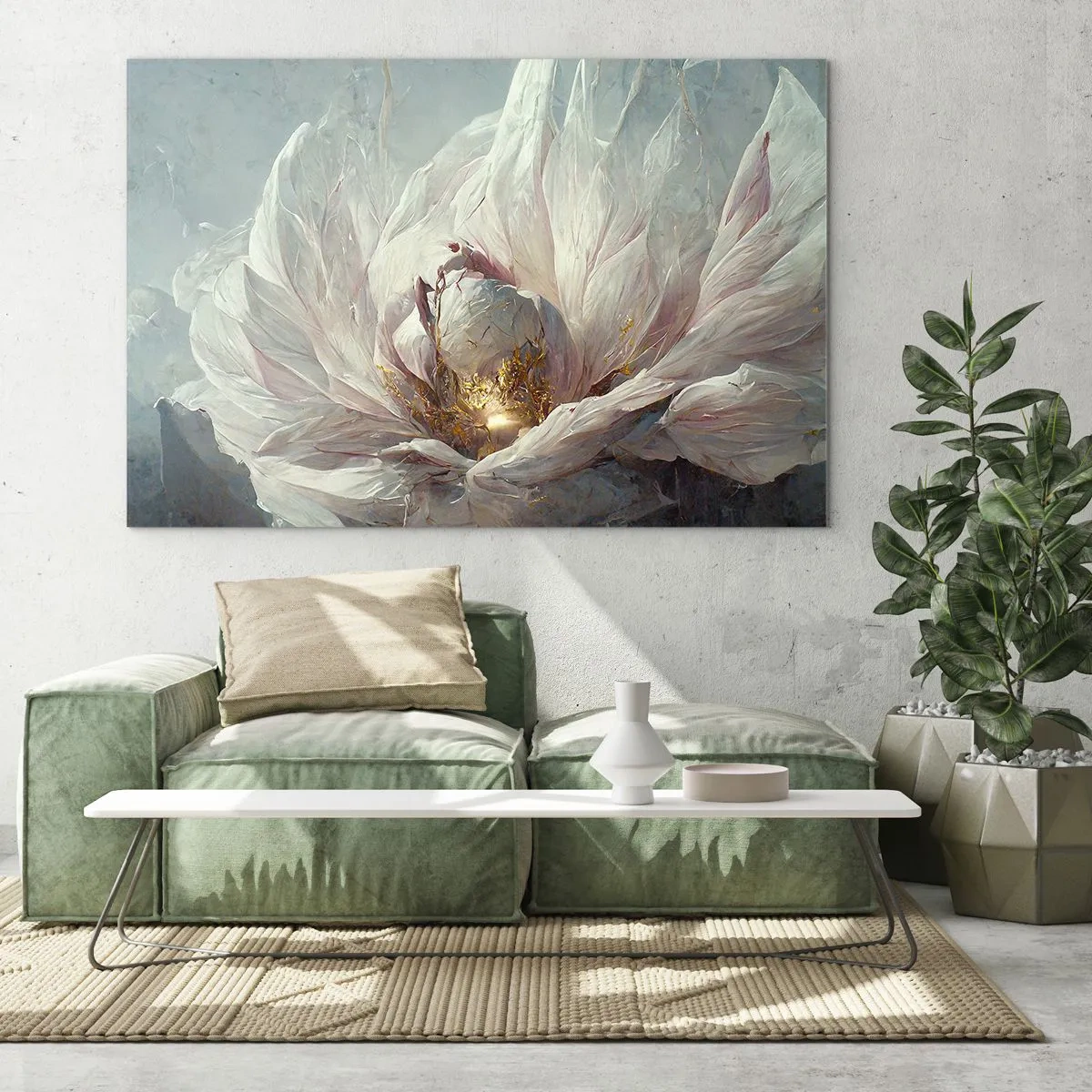 Billede på glas - En blomstrende blomst i sarte grå og guldfarver - 70x50cm - Blomstrer en gang om hundrede år - Moderne vægdekoration til stue og soveværelse ARTTOR