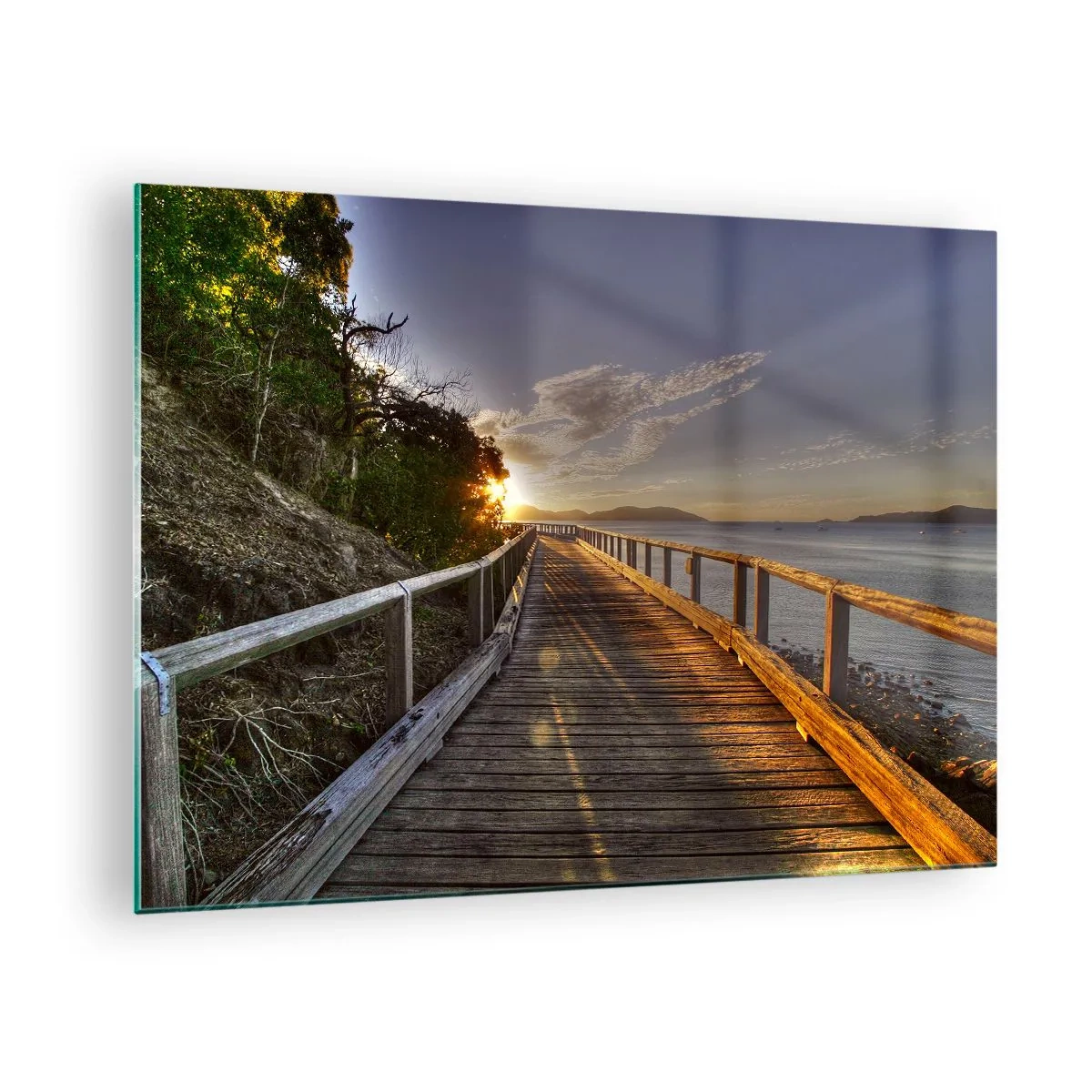 Billede på glas - Træbro ved solnedgang - 70x50cm - Gå, bliv ved med at gå mod solen - Moderne vægdekoration til stue og soveværelse ARTTOR
