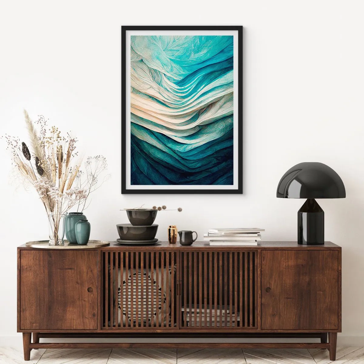 Plakat i sort ramme - Abstrakt komposition af bølger i nuancer af blå og beige - 50x70cm - Blå umættelighed - Moderne vægdekoration til stue og soveværelse ARTTOR