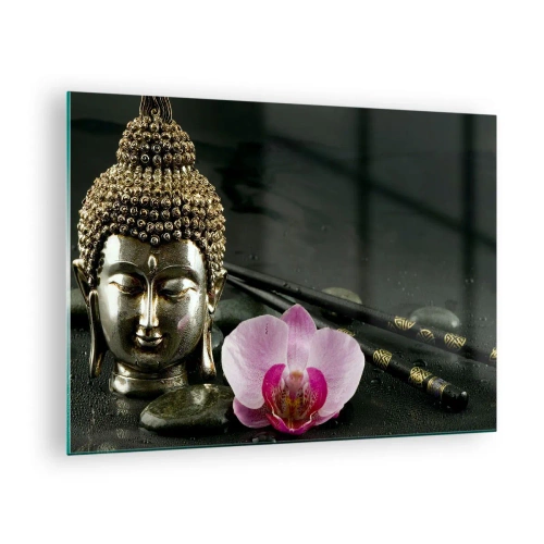 Billede på glas - Buddhistisk hoved med en lyserød blomst på en baggrund af sten - 70x50cm - Harmoni mellem visdom og skønhed - Moderne vægdekoration til stue og soveværelse ARTTOR