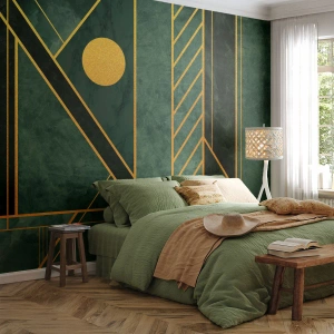Fototapet Premium Sand - Dynamikken i guld og azurblå - Abstraktion, Stykke, Geometrisk mønster - 400x280 cm