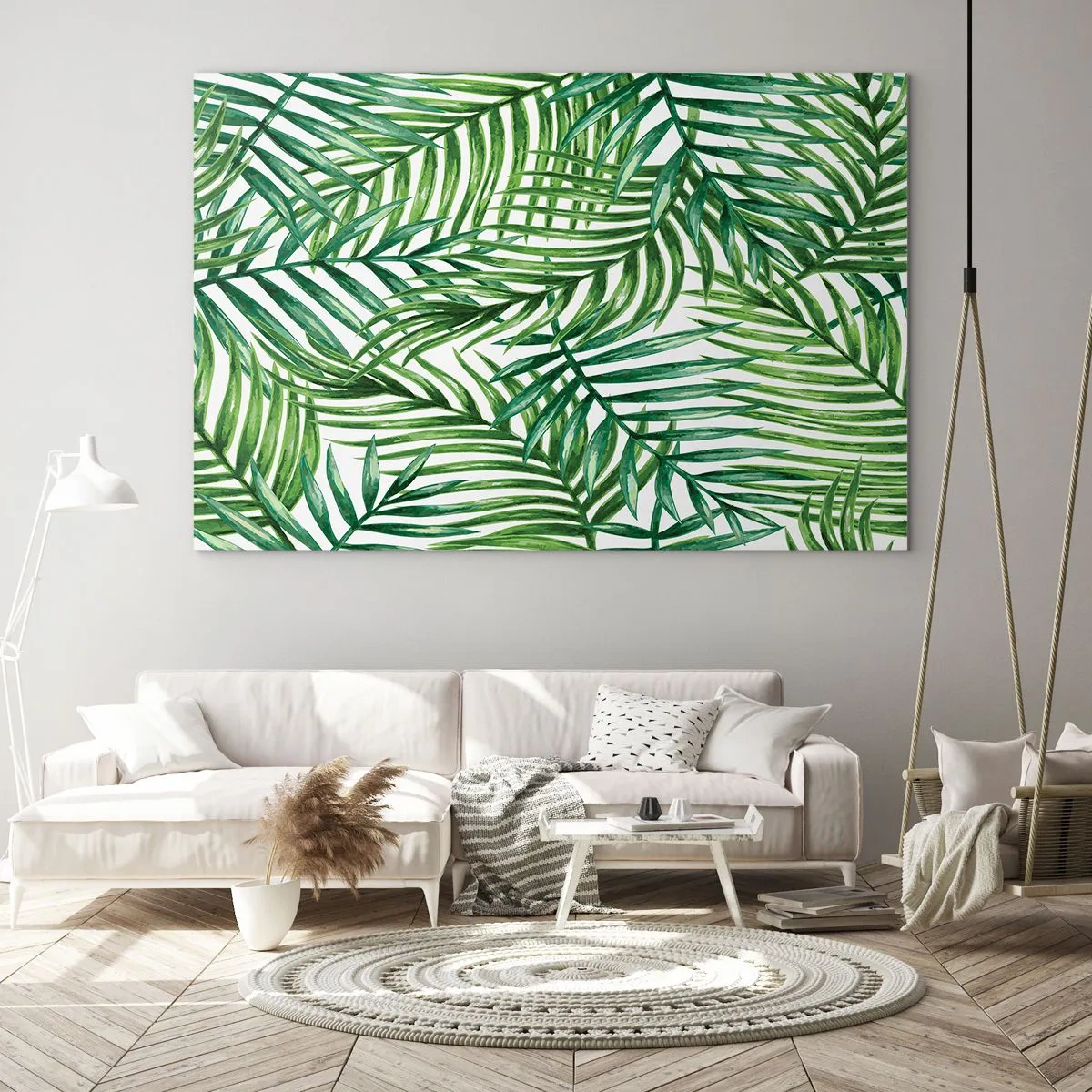 Billede på glas - Grønne palmeblade på en hvid baggrund skaber et geometrisk mønster - 70x50cm - Under det grønne baldakin - Moderne vægdekoration til stue og soveværelse ARTTOR
