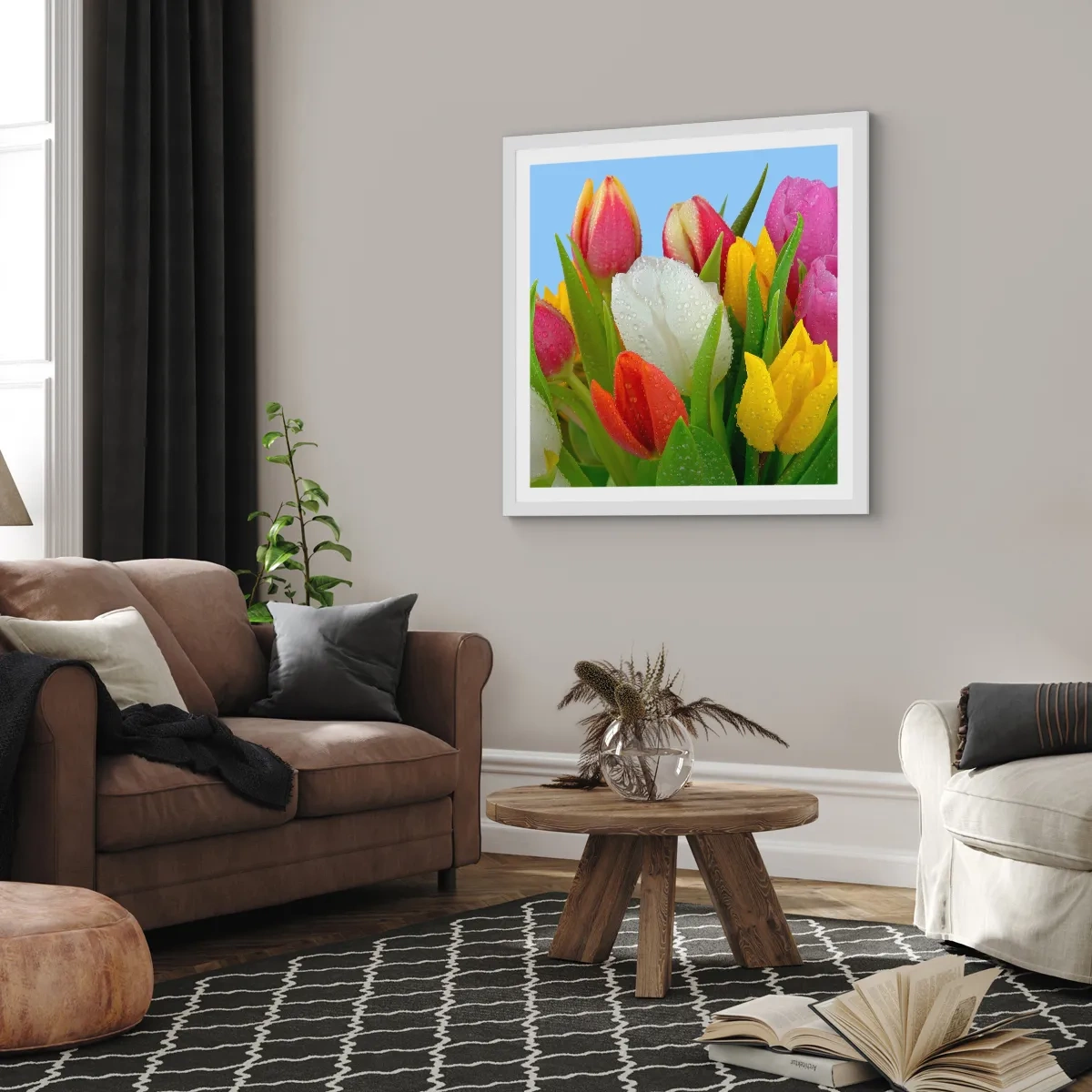Plakat i hvid ramme - En blomstret regnbue i dugdråber - 60x60 cm