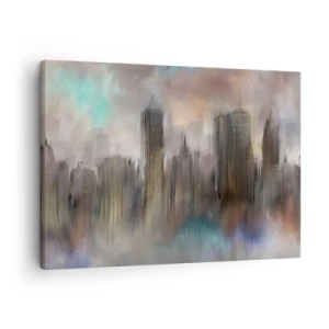 Lærredstryk - Billede på lærred - En kunstnerisk vision af et bylandskab med skyskrabere i pastelfarver. - 70x50cm - En sammensætning af stål, sten og tåge - Moderne vægdekoration til stue og soveværelse ARTTOR