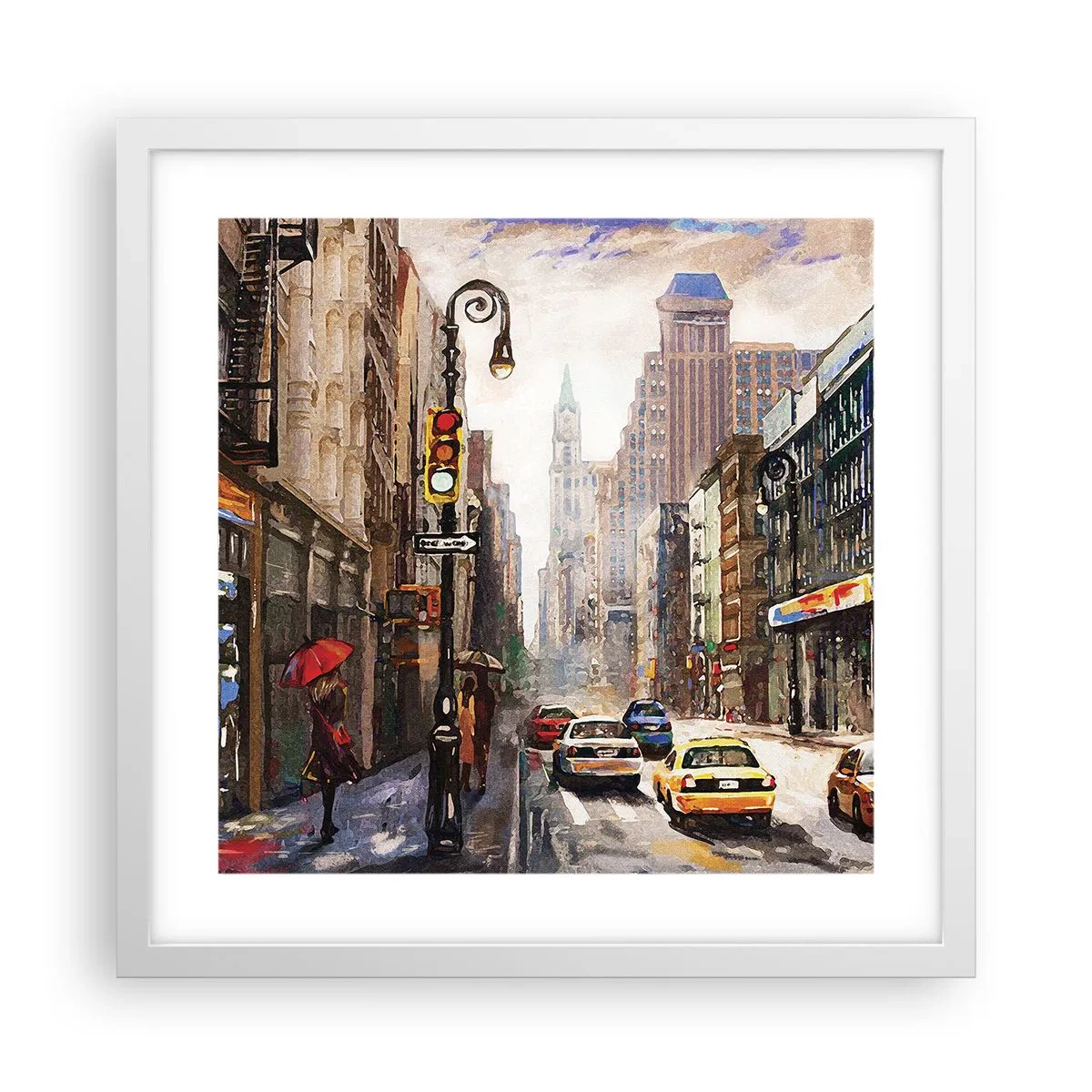 Plakat i hvid ramme - New York - også farverig i regnvejr - 40x40 cm