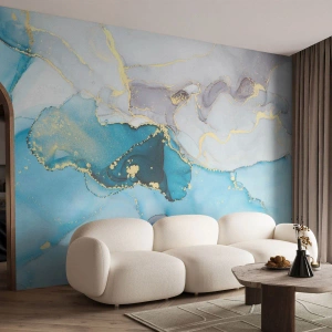 Fototapet Standard Eco - Abstrakt komposition i nuancer af blå og guld - 100x70cm - En undersøgelse af mødet mellem grå og turkis - Moderne vægdekoration til stue og soveværelse ARTTOR