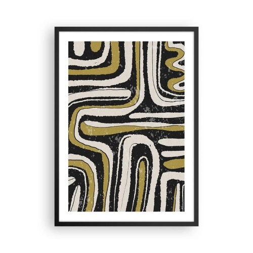 Plakat i sort ramme - Geometrisk abstraktion i sort, beige og guld - 50x70cm - Komposition: stier og gyder - Moderne vægdekoration til stue og soveværelse ARTTOR