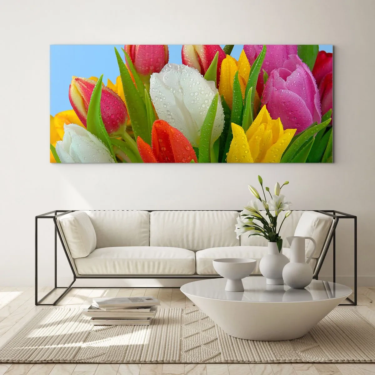 Billede på glas - En blomstret regnbue i dugdråber - 90x30 cm