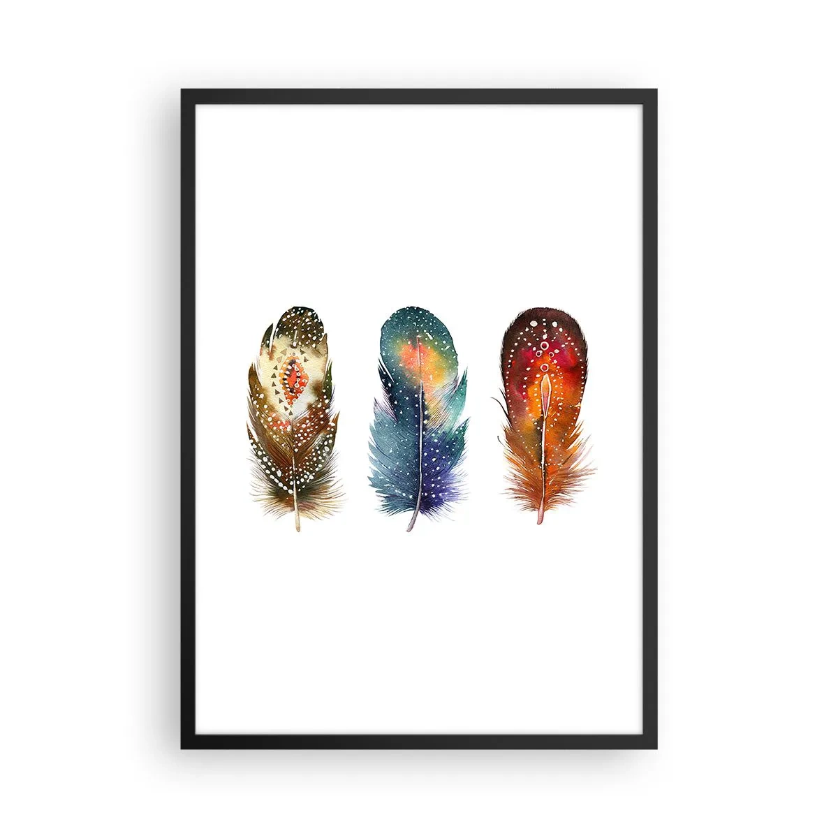 Plakat i sort ramme - Farverige fjer i kunstnerisk stil på en hvid baggrund - 50x70cm - Ritualer, ordinancer, mysterier - Moderne vægdekoration til stue og soveværelse ARTTOR