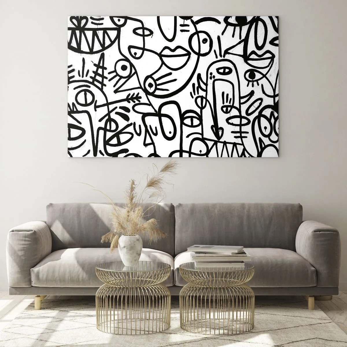 Billede på glas - Sort-hvid abstraktion med øjne, ansigter og linjer - 70x50cm - Ansigter og luftspejlinger - Moderne vægdekoration til stue og soveværelse ARTTOR