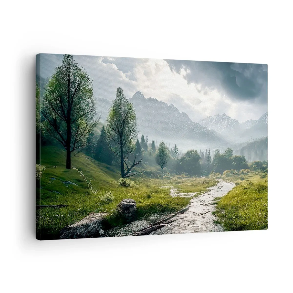Lærredstryk - Billede på lærred - Et bjerglandskab med en flod og træer omgivet af tågede bjerge - 70x50cm - Der og tilbage - Moderne vægdekoration til stue og soveværelse ARTTOR