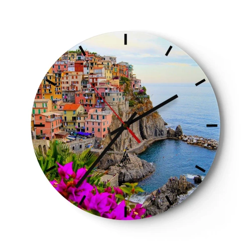 Vægur, Uret - Farverige bygninger på en klippe over havet med blomster i forgrunden - 30x30cm - En grinende by - Moderne vægdekoration til stue, køkken og soveværelse ARTTOR