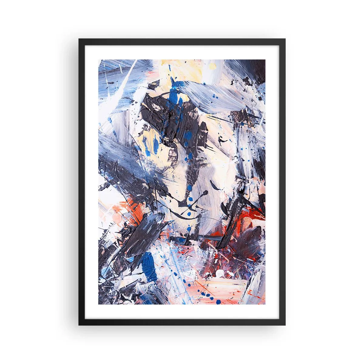 Plakat i sort ramme - Abstrakt komposition i nuancer af blå og orange - 50x70cm - Abstraktionens vanvittige dans - Moderne vægdekoration til stue og soveværelse ARTTOR