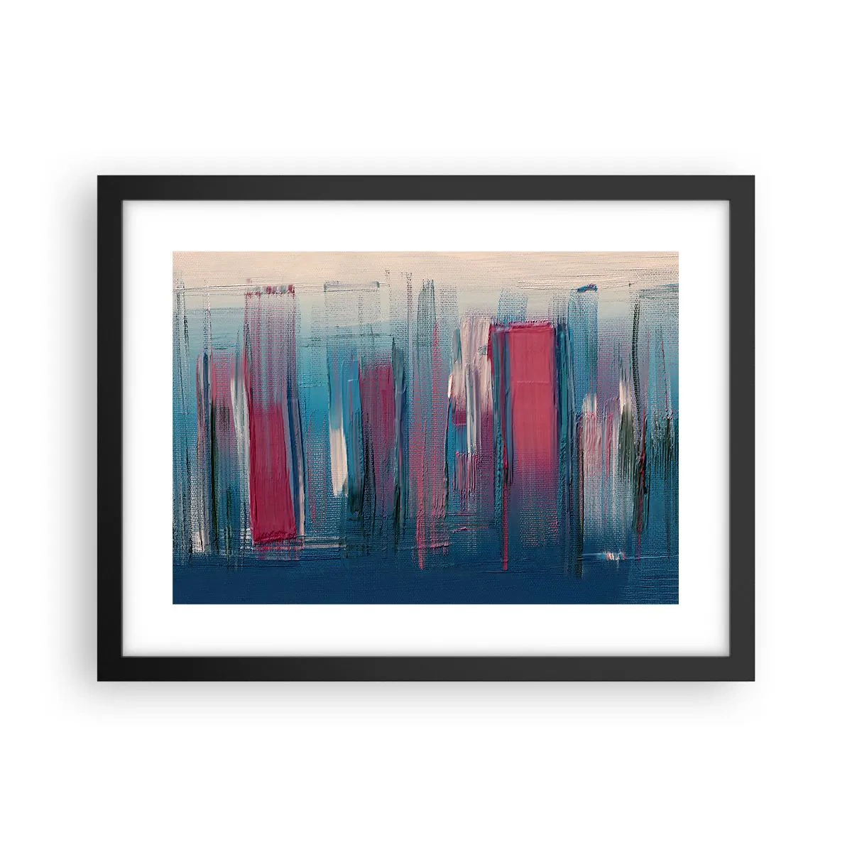 Plakat i sort ramme - Lodret komposition i blåt og rødt - 40x30 cm